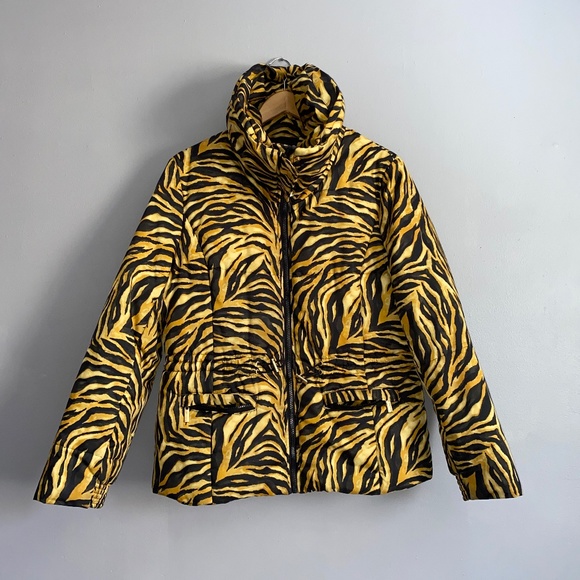 JONES NEW YORK Tiger Stripes Print Waist Length Puffer Coat - Picture 1 of 14